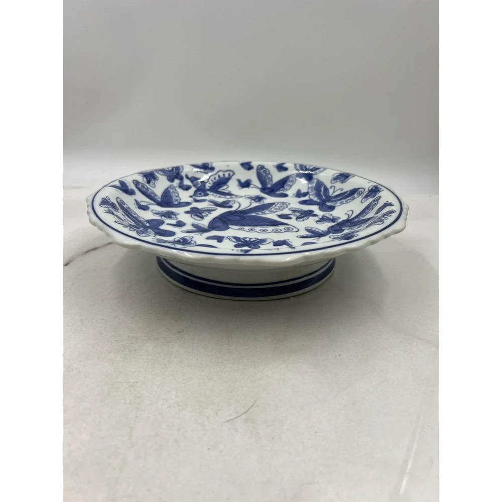 Vintage Pedestal Dish Scalloped Bowl Blue and White Butterfly Porcelain 9.5